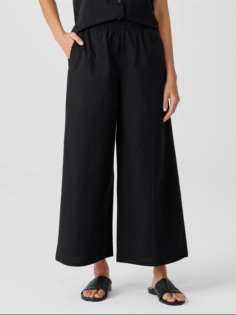 Eileen Fisher Organic Cotton Poplin Stretch Wide Leg Cropped Pants Black